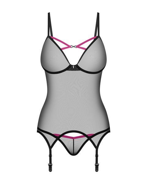 Корсет Obsessive Novenes corset & thong, M/L, прозрачный, открытая спина, стринги в комплекте SX0614