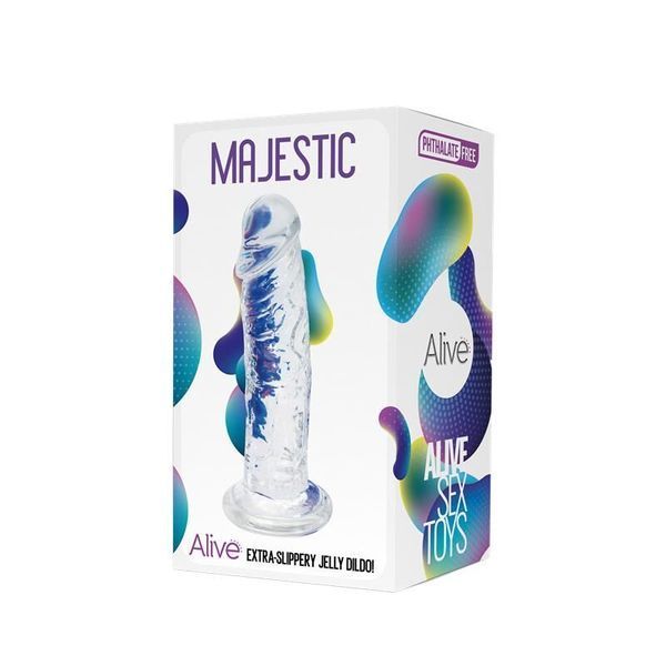 Прозорий фалоімітатор Alive Jelly Dildo Majestic, TPE, присоска, діаметр 3,7 см, довжина 14,7 см SO5312
