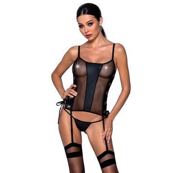 Сітчастий корсет з люверсами і знімними пажами Passion MALWIA CORSET 2XL/3XL black екошкіра, стрінги SO5767