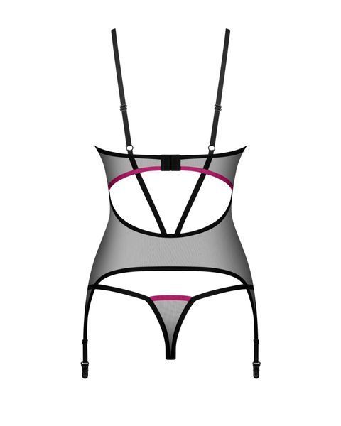 Корсет Obsessive Novenes corset & thong, XL/2XL, прозрачный, открытая спина, стринги в комплекте SX0615