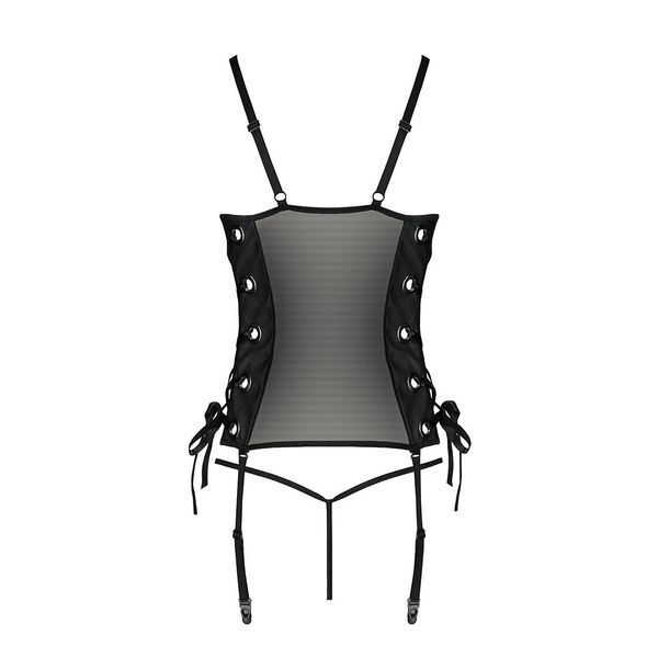 Сетчатый корсет с люверсами и съемными пажами Passion MALWIA CORSET 2XL/3XL black, эко-кожа, стринги SO5767