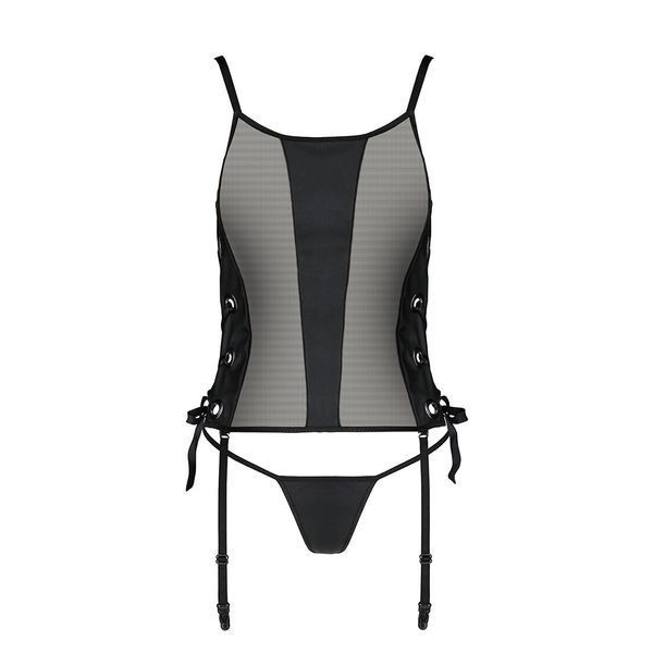 Сетчатый корсет с люверсами и съемными пажами Passion MALWIA CORSET 2XL/3XL black, эко-кожа, стринги SO5767