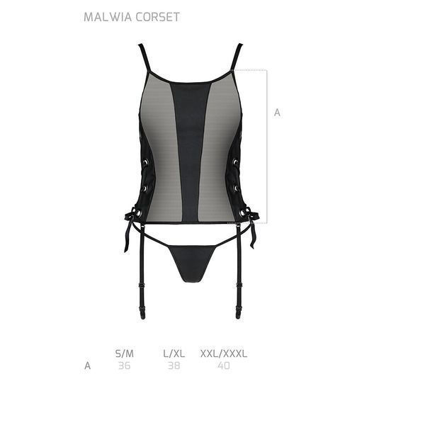 Сетчатый корсет с люверсами и съемными пажами Passion MALWIA CORSET 2XL/3XL black, эко-кожа, стринги SO5767