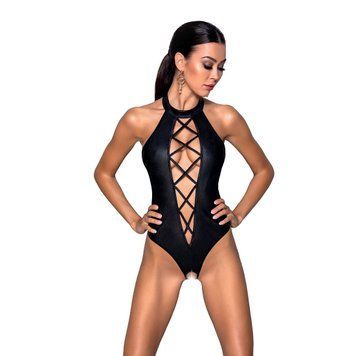 Боди из эко-кожи с имитацией шнуровки и открытым доступом Passion NANCY BODY XXL/XXXL, black SO5372