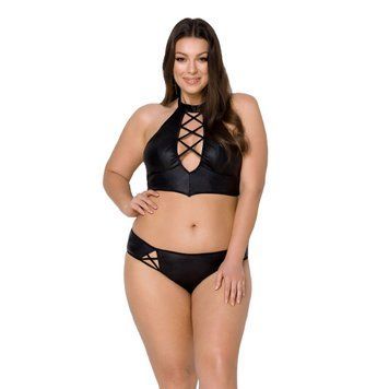 Комплект з екошкіри Passion NANCY BIKINI 4XL/5XL black, бра та трусики з імітацією шнурівки SO7102