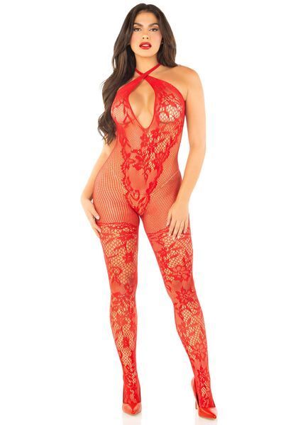 Бодістокінг Leg Avenue Seamless Net and Lace Lingerie Jumpsuit One Size, Red SX1758