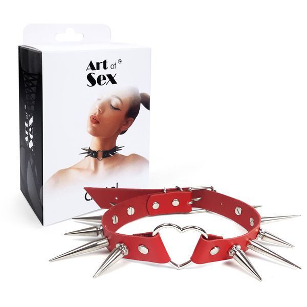 Чокер сердце с большими шипами, из натуральной кожи Art of Sex - Crystal, цвет Красный SO7012
