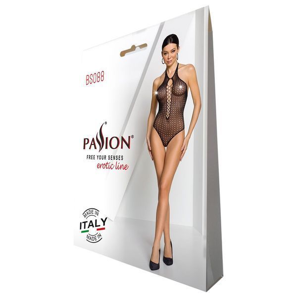 Бодістокінг з декольте Passion BS088 black, імітація корсетної шнурівки SO6382