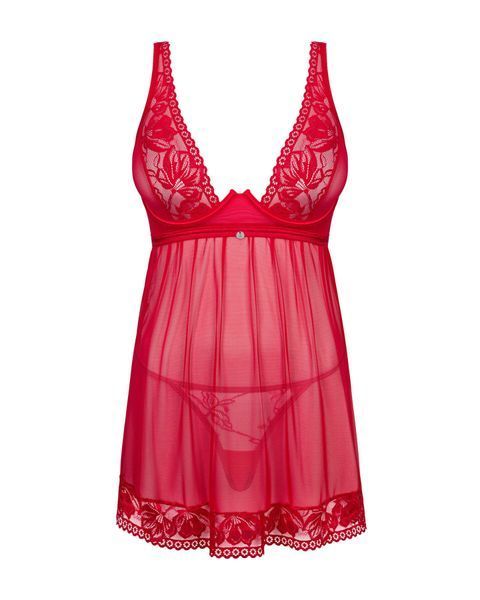 Прозора сорочка бебі-дол Obsessive Lacelove babydoll & thong XS/S Red, мереживо, стрінги SO8646