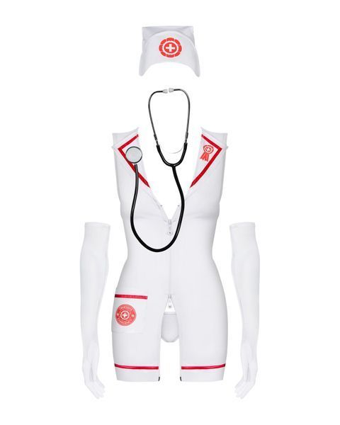 Еротичний костюм медсестри Obsessive Emergency dress S/M, white, сукня, стринги, рукавички, чепчик, стетоскоп SO7704