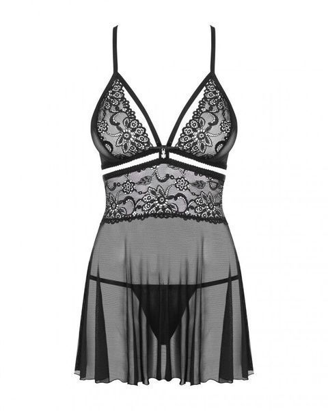Эротический кружевной комплект с сеточкой Obsessive 838-BAB-1 babydoll & thong black S/M SO7181
