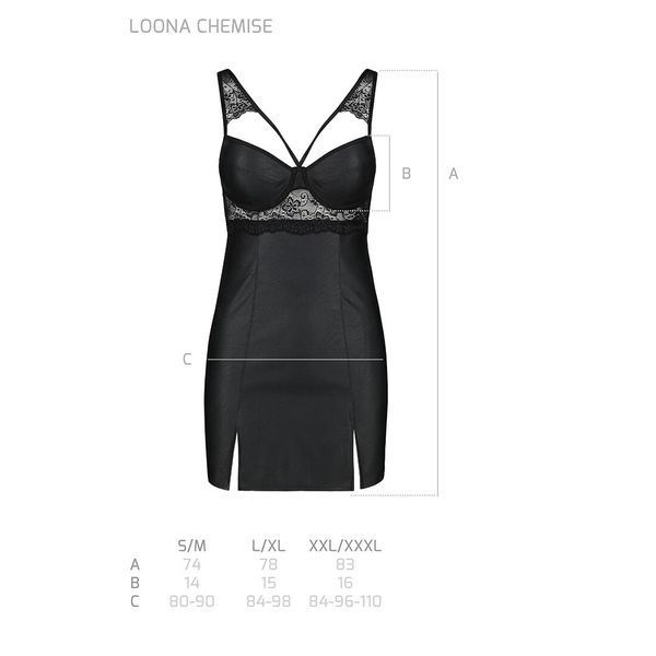 Бебі-дол з еко-шкіри та мережива Passion LOONA CHEMISE S/M, black SO5359