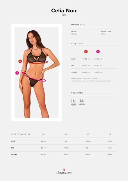 Полупрозрачный комплект Obsessive Celia Noir 2-pcs set M/L, бюстгальтер, стринги SO7866