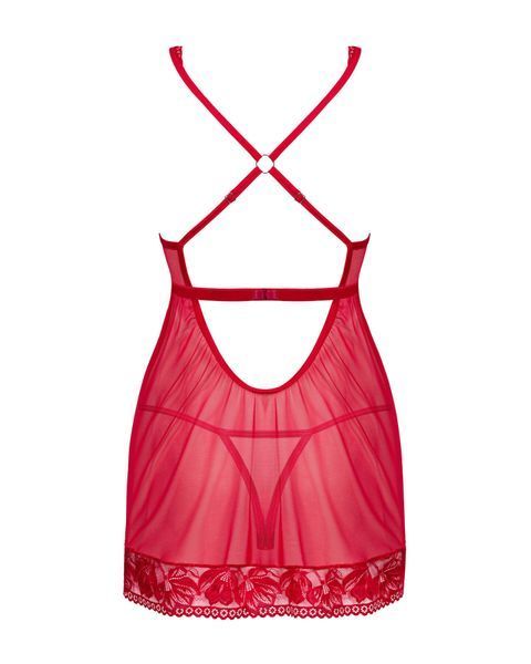Прозрачная сорочка бэби-долл Obsessive Lacelove babydoll & thong M/L Red, кружево, стринги SO8647