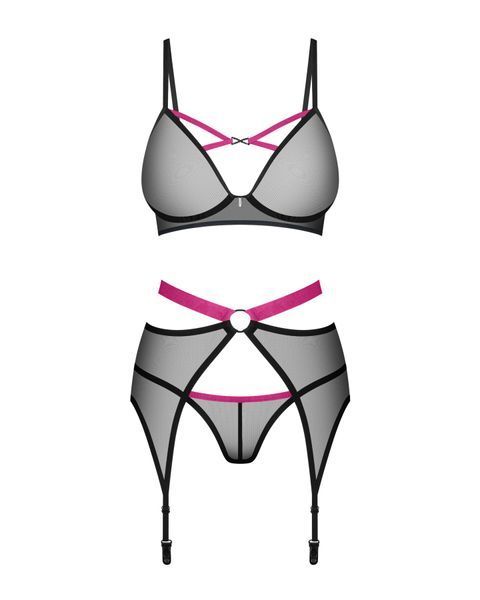 Комплект Obsessive Novenes 3-pcs set, XL/2XL, прозрачный лиф на косточках, стринги, пояс SX0618