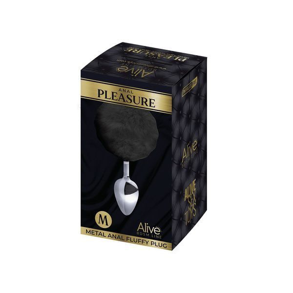 Металева анальна пробка Кролячий хвостик Alive Fluffy Plug M Black, діаметр 3,4 см SO6315