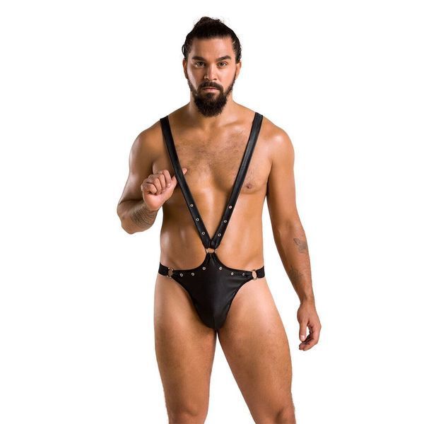 Чоловіче боді з люверсами Passion 028 HARRY S/M Black, екошкіра, на шлейках SO7556