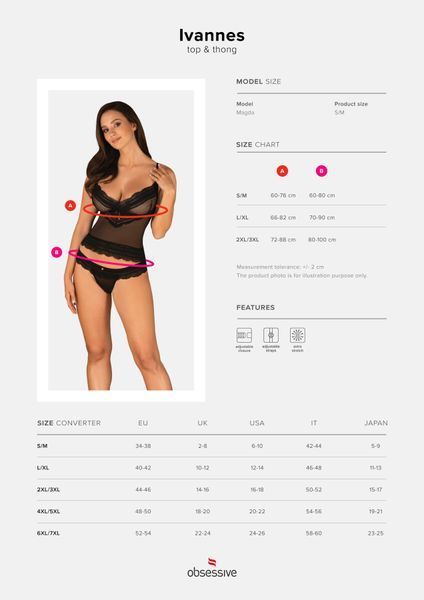 Напівпрозорий набір з прикрасами Obsessive Ivannes top & thong S/M, чорний, топ та танга SO7283