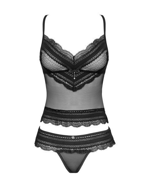 Напівпрозорий набір з прикрасами Obsessive Ivannes top & thong S/M, чорний, топ та танга SO7283
