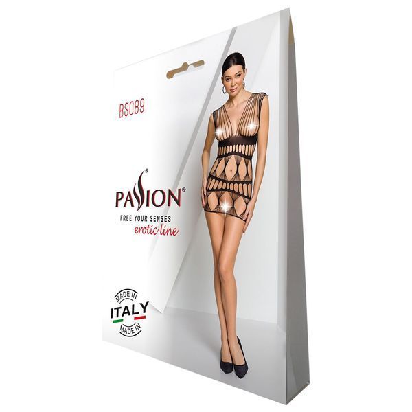 Бодістокінг-сукня Passion BS089 black, міні, плетіння у вигляді павутини SO6385