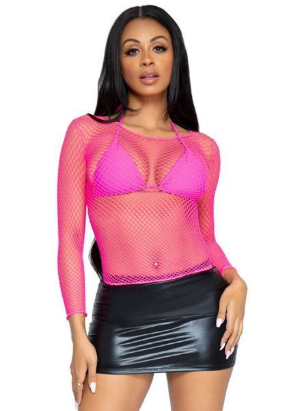 Сетчатый топ Leg Avenue Long Sleeves T-Shirts Neon Pink, One Size SO9105