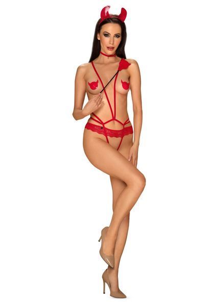 Еротичний костюм чортика зі стреп Obsessive Evilia teddy red L/XL SO7707