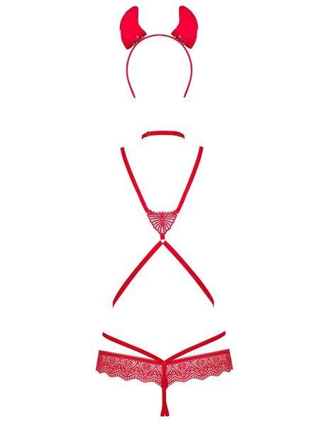 Еротичний костюм чортика зі стреп Obsessive Evilia teddy red L/XL SO7707
