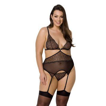 Корсет із пажами Passion AMBERLY CORSET 6XL/7XL, black, асиметричний крій, мережива, стрінги SO7052