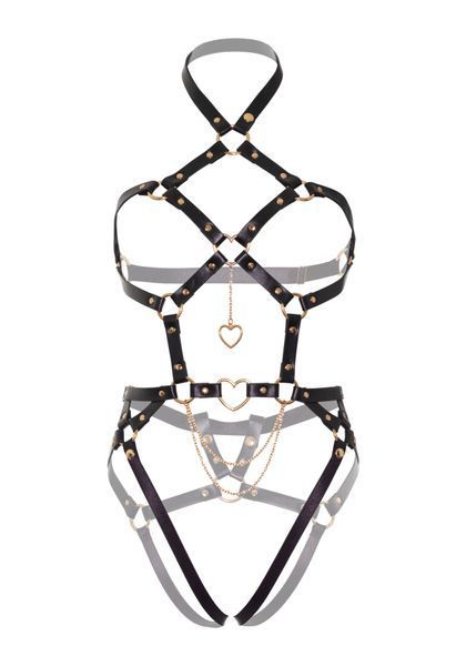 Портупея-тедди из экокожи Leg Avenue Heart ring harness teddy M, Black, подвеска-сердечко, цепи SO8564