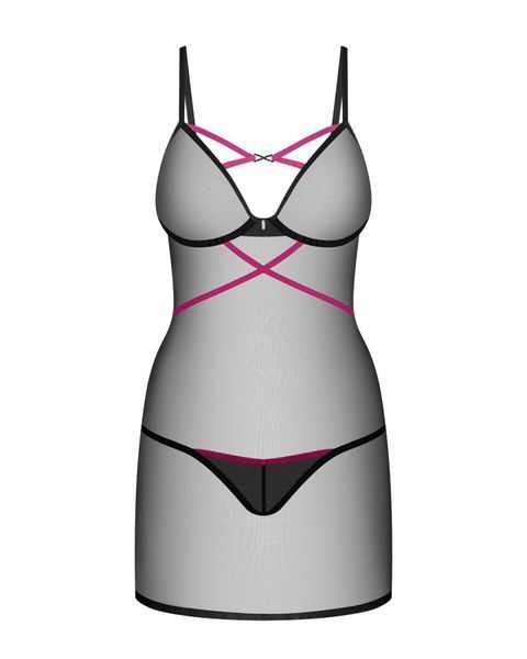 Пеньюар Obsessive Novenes chemise & thong, XL/2XL, облегающий, прозрачный, со стрепами, стринги в ко SX0621