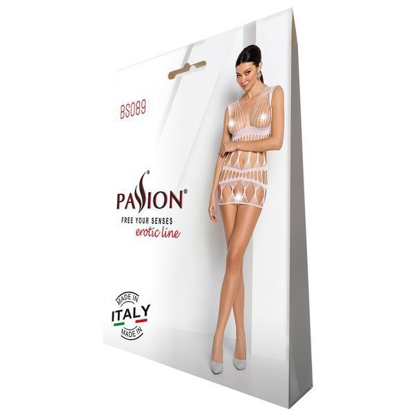 Бодистокинг-платье Passion BS089 white, мини, плетение в виде паутины SO6387
