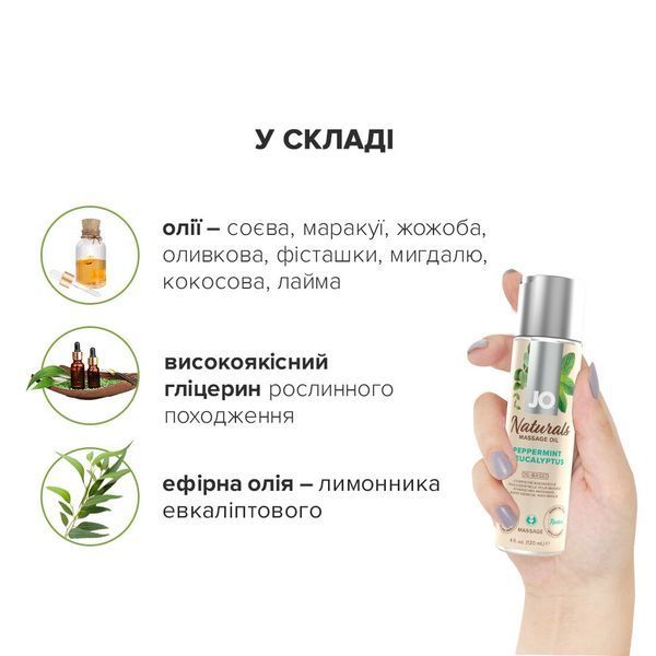 Массажное масло JO Naturals Massage Oil Peppermint & Eucalyptus с эфирными маслами (120 мл) SO6166