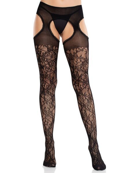 Колготки Leg Avenue Cross Hatch Floral Lace Suspender Hose One Size SX2750