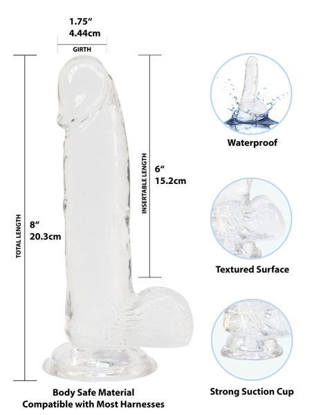 Прозорий фалоімітатор на присосці ADDICTION &mdash; Clear Dildo with Balls 8&Prime;, віброкуля в подарунок SX3153