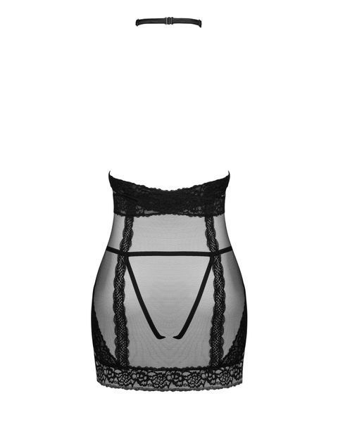 Полупрозрачная сорочка с открытой грудью Obsessive Lacrisia chemise XS/S, черная, с чокером SO7286