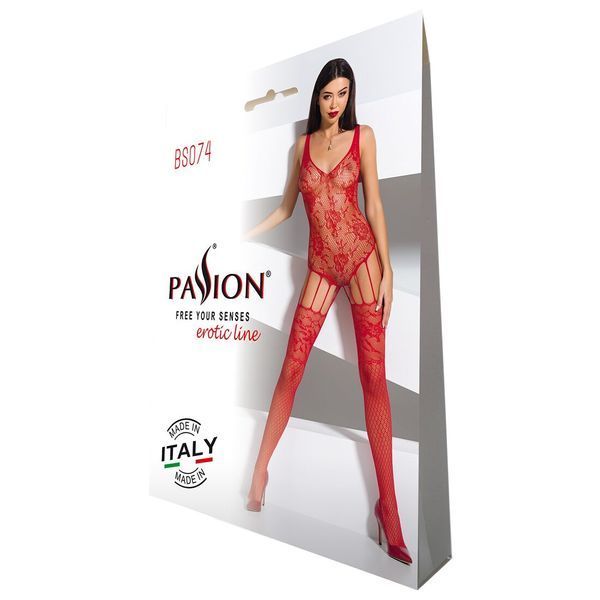 Ажурный бодистокинг с имитацией чулок Passion BS074 red SO4148