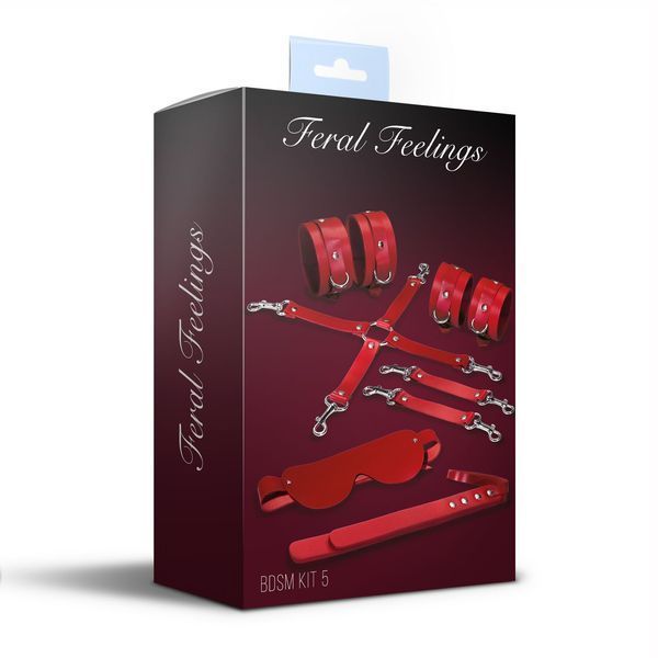 Набор Feral Feelings BDSM Kit 5 Red, наручники, поножи, крестовина, маска, паддл SO8273