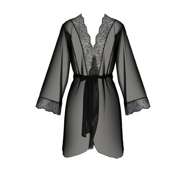 Пеньюар Passion AMBERLY PEIGNOIR 4XL/5XL, black, ажурные декольте и манжеты, широкие рукава SO7053