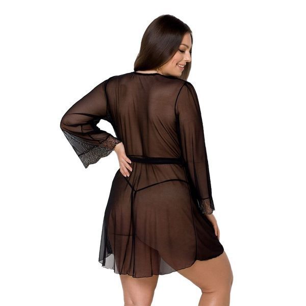 Пеньюар Passion AMBERLY PEIGNOIR 4XL/5XL, black, ажурные декольте и манжеты, широкие рукава SO7053