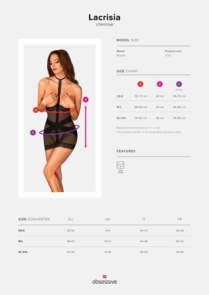 Полупрозрачная сорочка с открытой грудью Obsessive Lacrisia chemise M/L, черная, с чокером SO7287