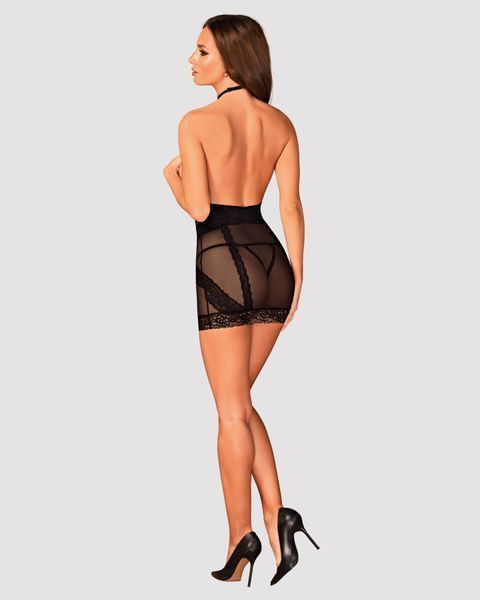 Полупрозрачная сорочка с открытой грудью Obsessive Lacrisia chemise M/L, черная, с чокером SO7287