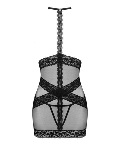 Полупрозрачная сорочка с открытой грудью Obsessive Lacrisia chemise M/L, черная, с чокером SO7287
