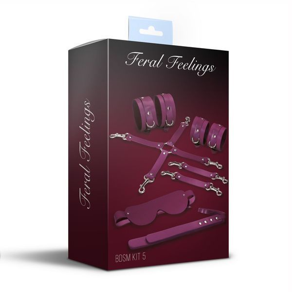 Набор Feral Feelings BDSM Kit 5 Burgundy, наручники, поножи, крестовина, маска, паддл SO8274