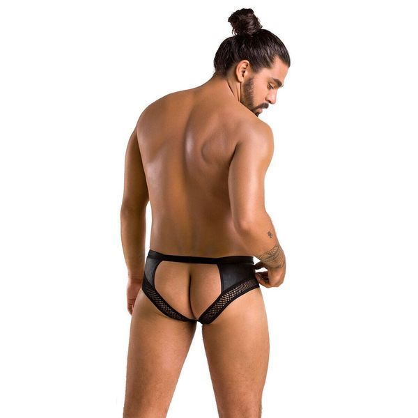 Чоловічі труси з ланцюжком Passion 030 SLIP TOM S/M Black, екошкіра, відкриті сідниці SO7562