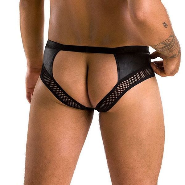 Чоловічі труси з ланцюжком Passion 030 SLIP TOM S/M Black, екошкіра, відкриті сідниці SO7562