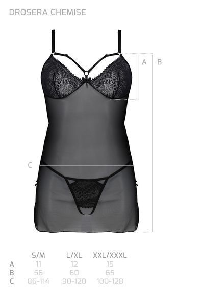 Пеньюар Passion DROSERA CHEMISE black, S/M, кружевной лиф со стрепами, трусики в комплекте SX0474