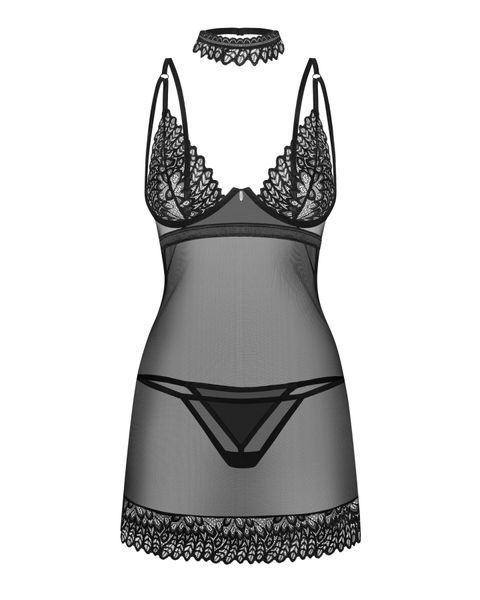 Сорочка Obsessive Donarella chemise & thong XL/2XL кружевной лиф, чокер и стринги в комплекте SX1142