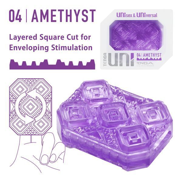 Унісекс-стимулятор Tenga UNI Amethyst, фіолетовий, візерунок у вигляді рельєфних квадратів, лубрикант у комплекті SO9808