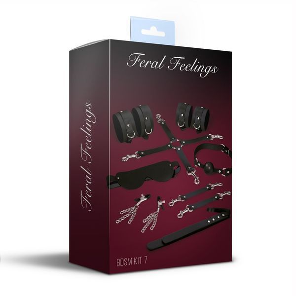 Набор Feral Feelings BDSM Kit 7 Black, наручники, поножи, коннектор, маска, паддл, кляп, зажимы SO8276