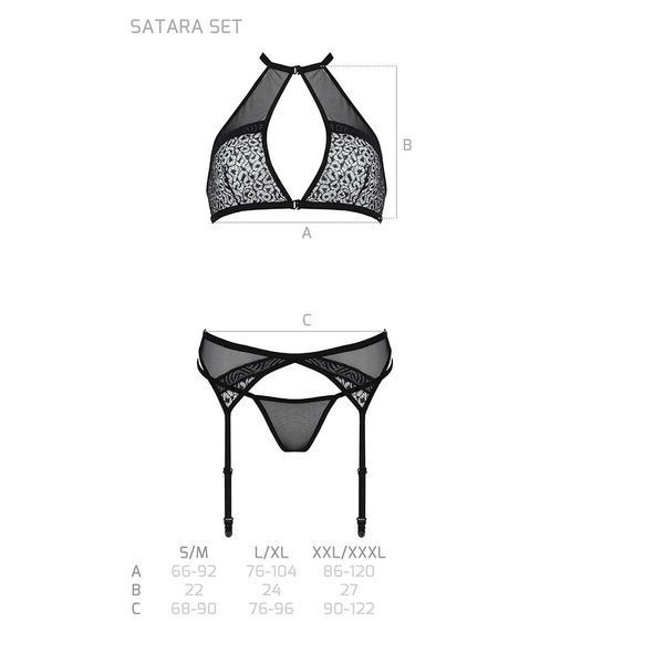 Комплект білизни Passion SATARA SET XXL/XXXL black, топ, пояс для панчіх, стрінги SO8483